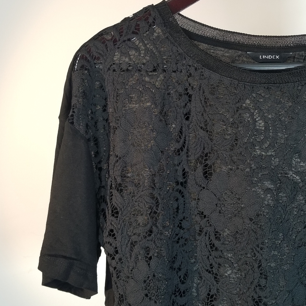 Chic Lindex Black Floral Top Blouse Black Crop Sleeve Dressy Casual Layer NWOT